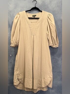 For Cynthia Beige Linen Blend V-Neck Puff Sleeve Tunic Dress L